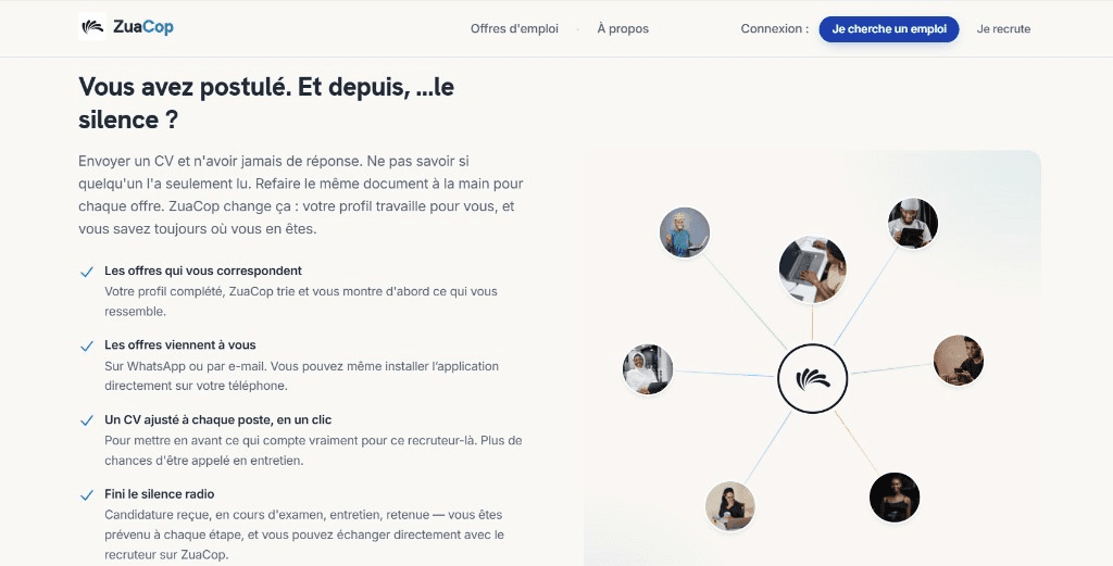 Aperçu ZuaCop sur ordinateur — catalogue d’offres d’emploi